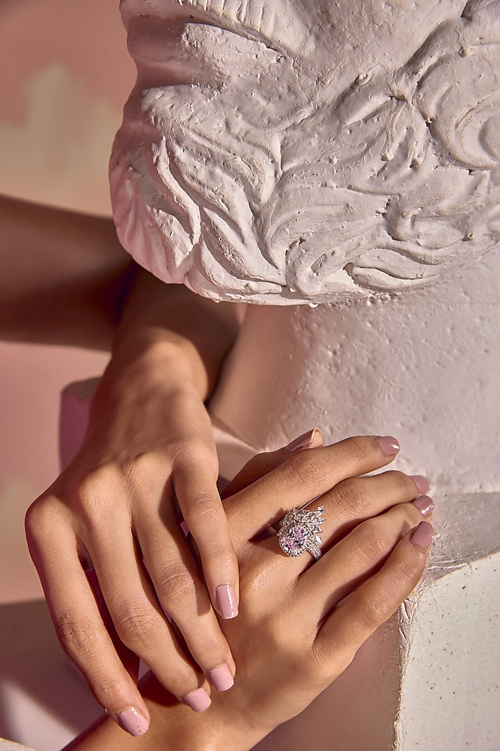 White Rhodium Finish Pink & White Cubic Zirconia Crystal Ring In Sterling Silver by MISS JO at Pernia's Pop Up Shop