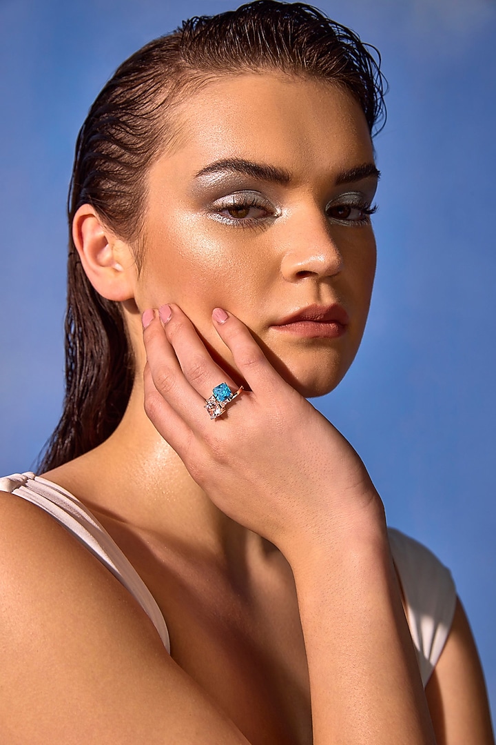White Rhodium Finish Aqua & White Cubic Zirconia Crystal Ring In Sterling Silver by MISS JO at Pernia's Pop Up Shop