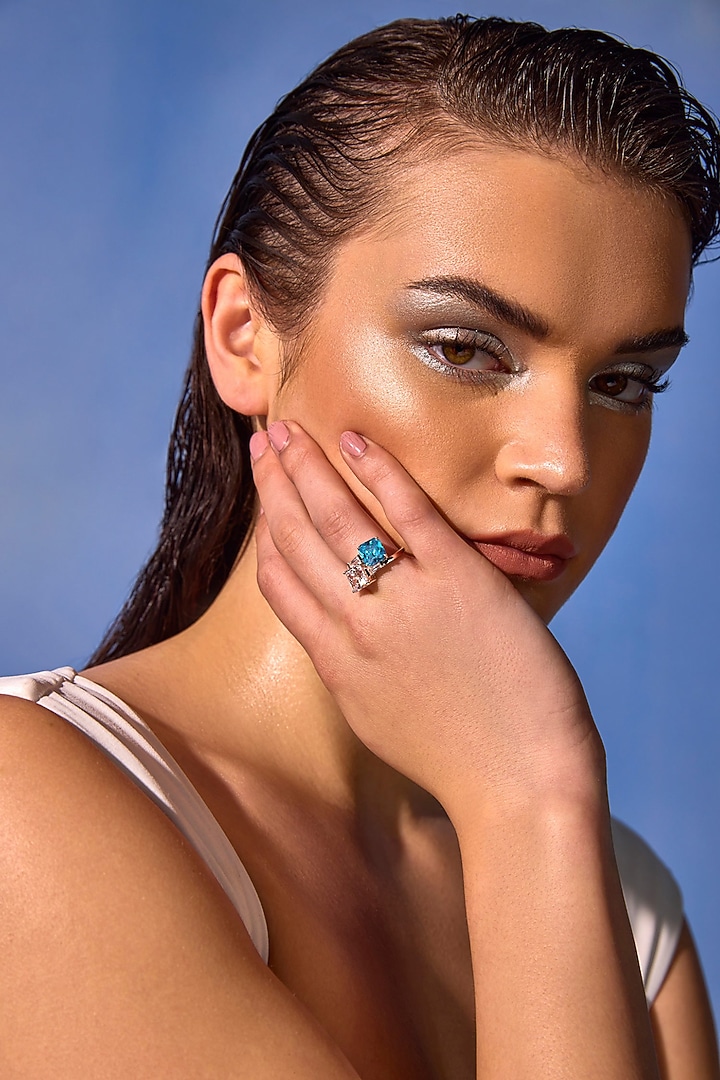 White Rhodium Finish Aqua & White Cubic Zirconia Crystal Ring In Sterling Silver by MISS JO at Pernia's Pop Up Shop