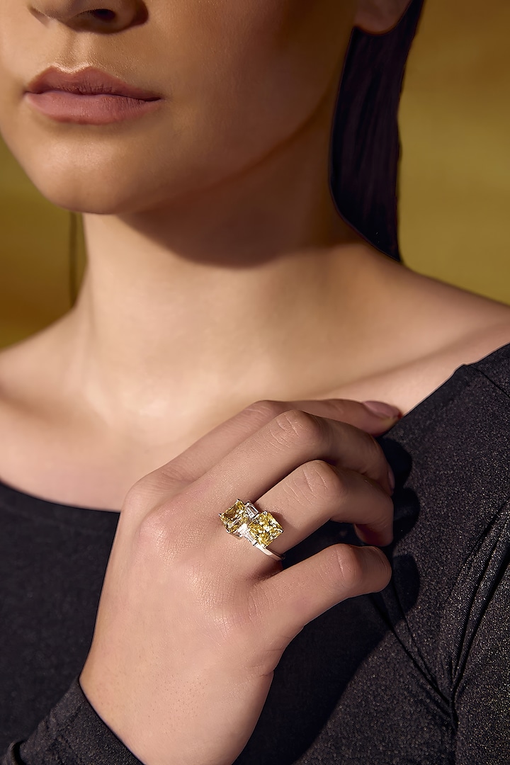 White Rhodium Finish Yellow Sapphire Cubic Zirconia Crystal Ring In Sterling Silver by MISS JO at Pernia's Pop Up Shop