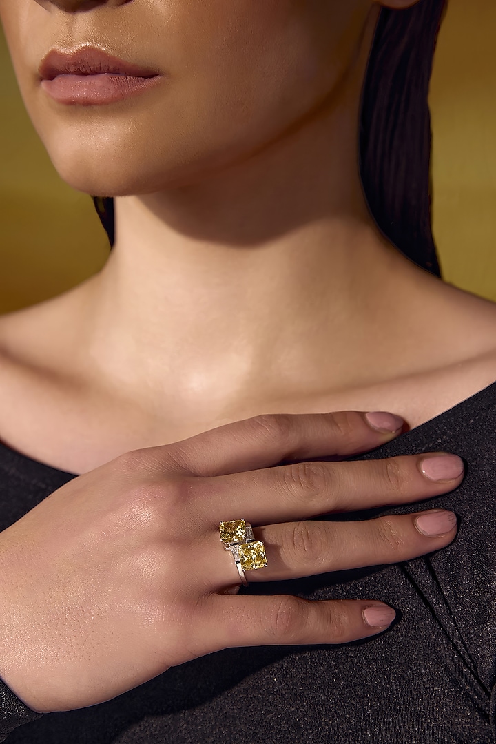 White Rhodium Finish Yellow Sapphire Cubic Zirconia Crystal Ring In Sterling Silver by MISS JO at Pernia's Pop Up Shop