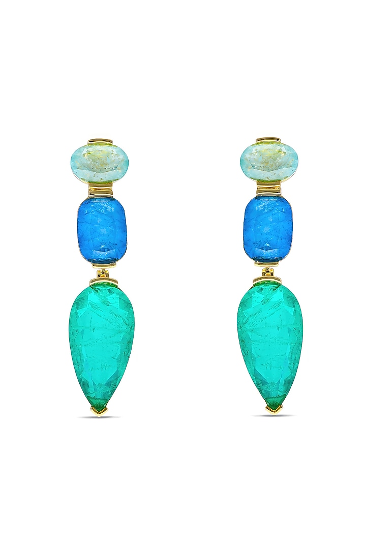 Gold Finish Sky Blue & Dark Green Natural Stone Drop Dangler Earrings In Sterling Silver by MISS JO at Pernia's Pop Up Shop