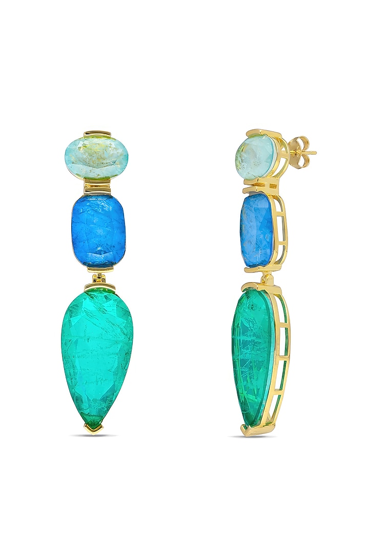 Gold Finish Sky Blue & Dark Green Natural Stone Drop Dangler Earrings In Sterling Silver by MISS JO at Pernia's Pop Up Shop