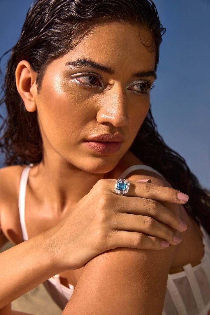 White Rhodium Finish Aqua Cubic Zirconia Crystal Ring In Sterling Silver by MISS JO at Pernia's Pop Up Shop