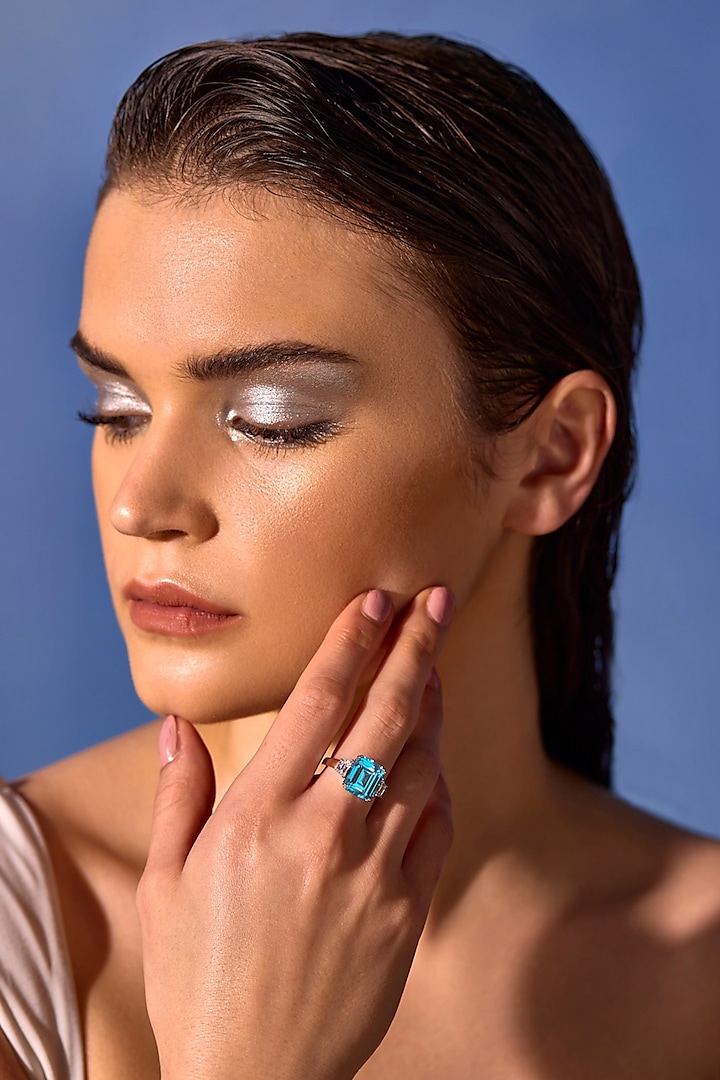 White Rhodium Finish Aqua Cubic Zirconia Crystal Ring In Sterling Silver by MISS JO at Pernia's Pop Up Shop
