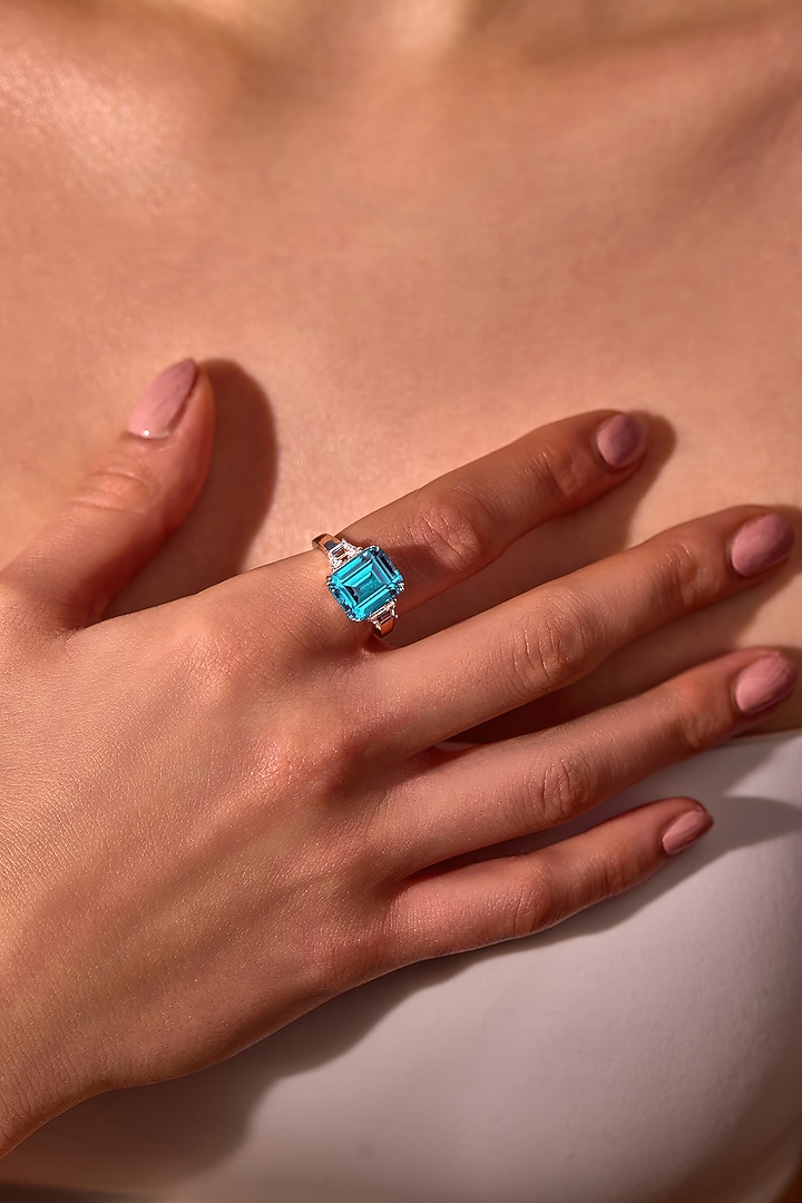 White Rhodium Finish Aqua Cubic Zirconia Crystal Ring In Sterling Silver by MISS JO at Pernia's Pop Up Shop