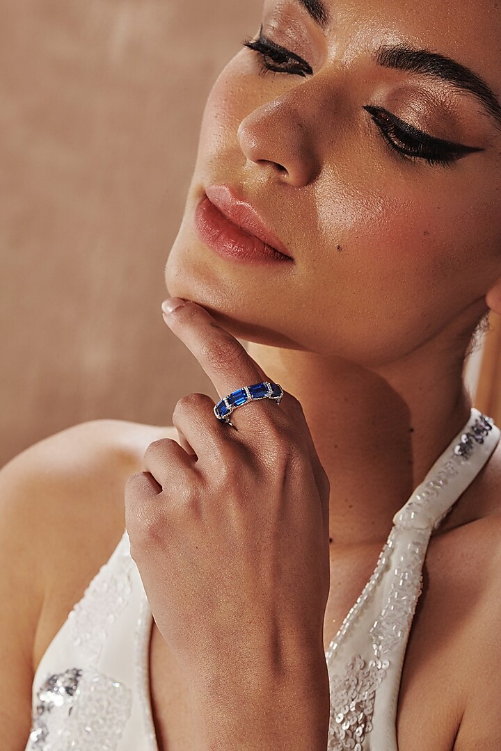 White Rhodium Finish Sapphire & White Cubic Zirconia Crystal Ring In Sterling Silver by MISS JO at Pernia's Pop Up Shop