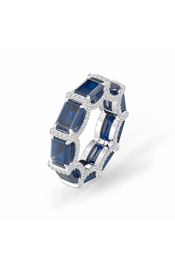 White Rhodium Finish Sapphire & White Cubic Zirconia Crystal Ring In Sterling Silver by MISS JO at Pernia's Pop Up Shop