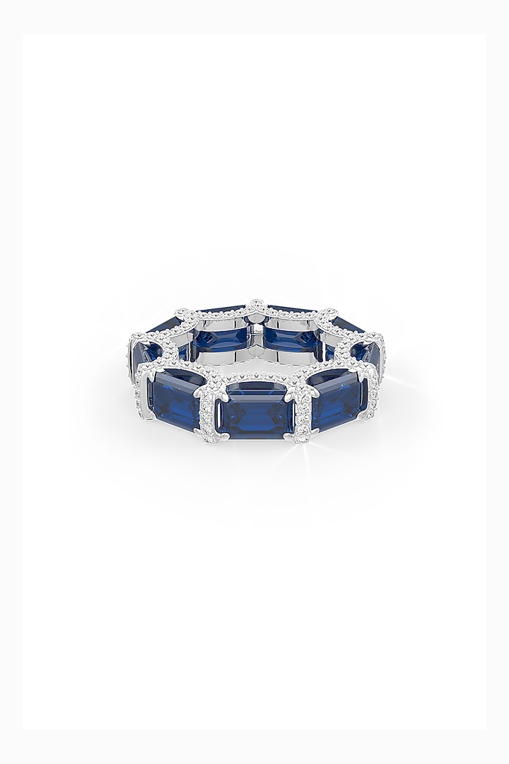 White Rhodium Finish Sapphire & White Cubic Zirconia Crystal Ring In Sterling Silver by MISS JO at Pernia's Pop Up Shop