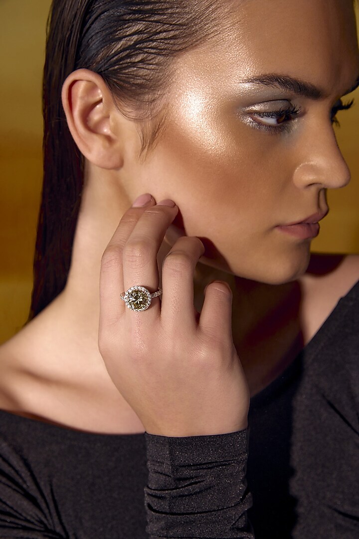 White Rhodium Finish Yellow & White Cubic Zirconia Crystal Ring In Sterling Silver by MISS JO at Pernia's Pop Up Shop