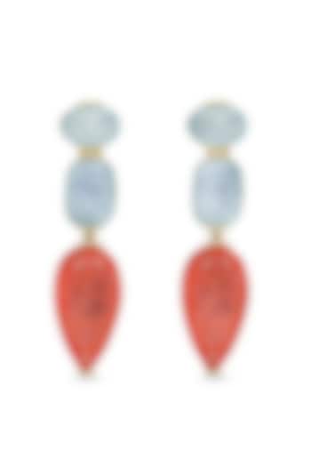 Gold Finish Sky Blue & Coral Orange Natural Stone Drop Dangler Earrings In Sterling Silver by MISS JO at Pernia's Pop Up Shop