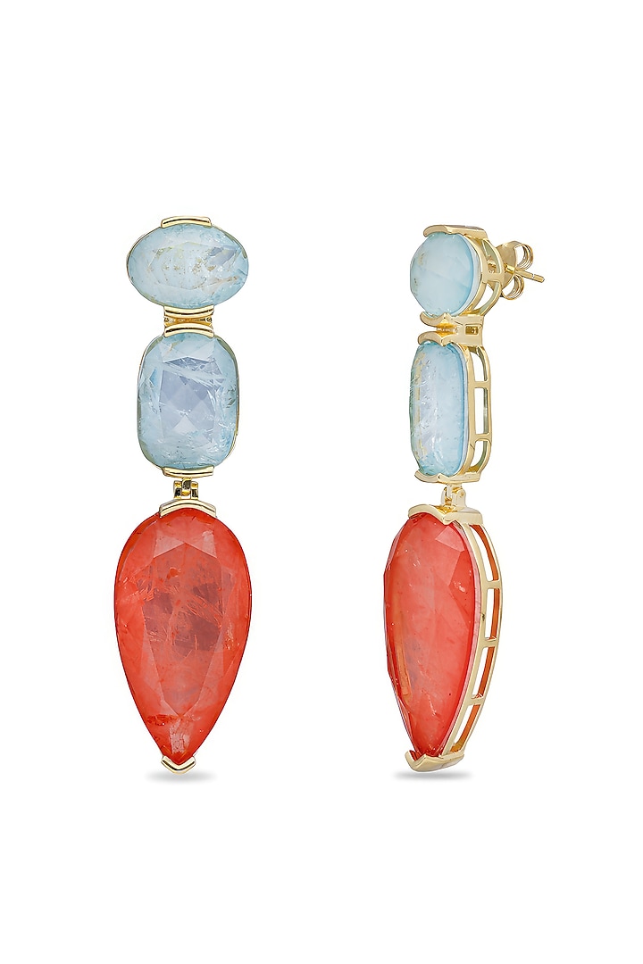 Gold Finish Sky Blue & Coral Orange Natural Stone Drop Dangler Earrings In Sterling Silver by MISS JO at Pernia's Pop Up Shop