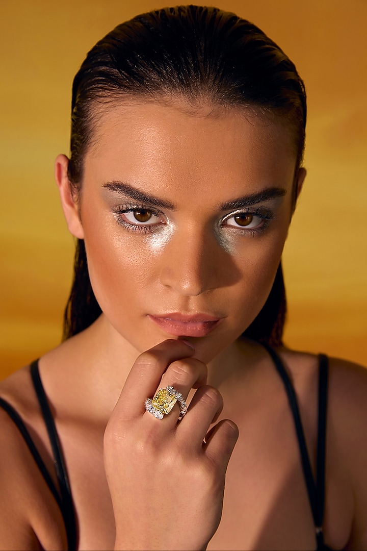 White Rhodium Finish Princess-Cut Yellow Cubic Zirconia Crystal Ring In Sterling Silver by MISS JO at Pernia's Pop Up Shop