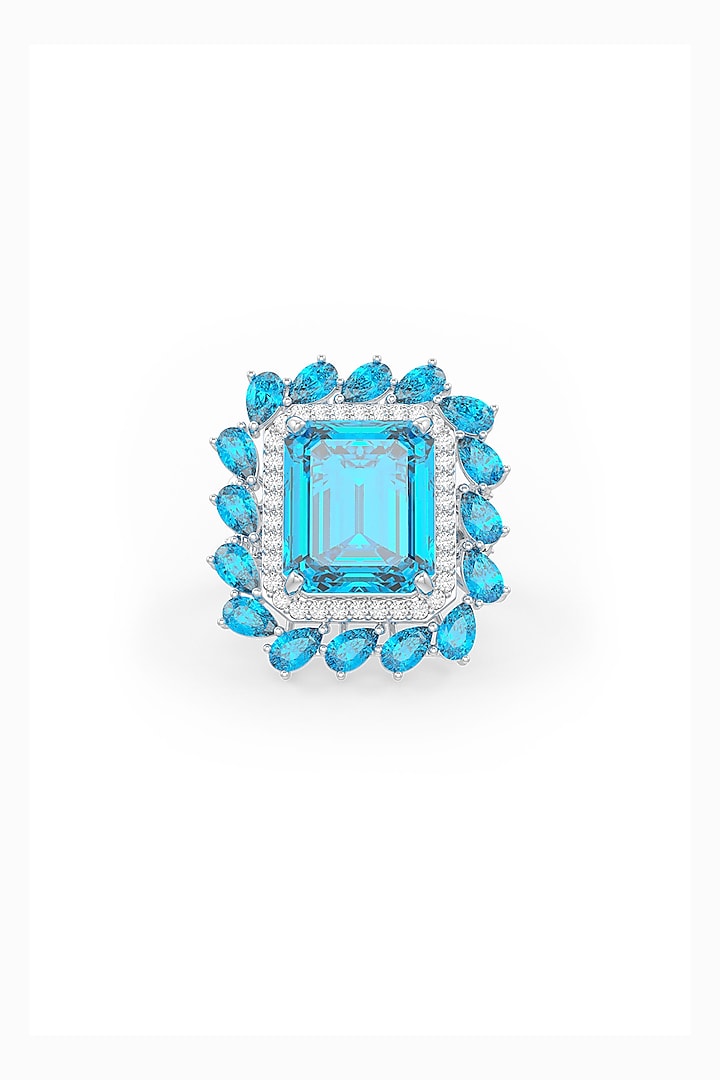 White Rhodium Finish Baguette Aqua Cubic Zirconia Crystal Ring In Sterling Silver by MISS JO at Pernia's Pop Up Shop