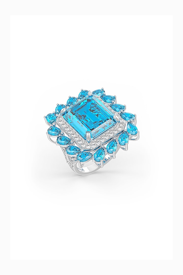 White Rhodium Finish Baguette Aqua Cubic Zirconia Crystal Ring In Sterling Silver by MISS JO at Pernia's Pop Up Shop