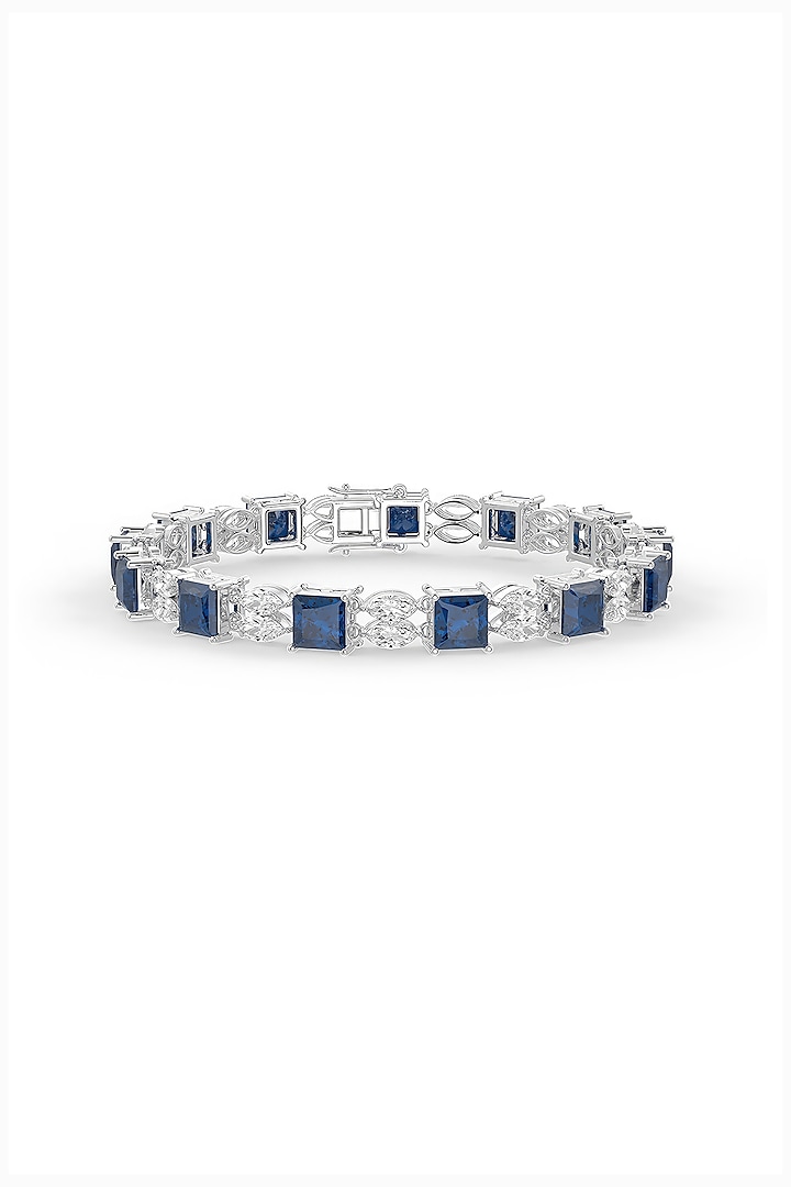 White Rhodium Finish Deep Blue & White Cubic Zirconia Crystal Tennis Bracelet In Sterling Silver by MISS JO at Pernia's Pop Up Shop