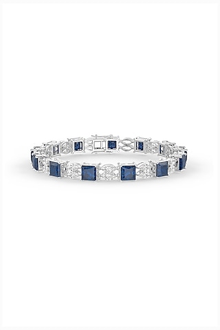 White Rhodium Finish Deep Blue & White Cubic Zirconia Crystal Tennis Bracelet In Sterling Silver by MISS JO