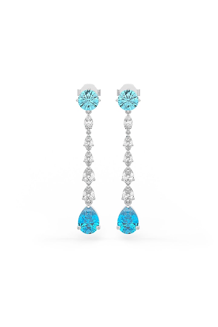 White Rhodium Finish Aqua & White Cubic Zirconia Crysta Dangler Earrings In Sterling Silver by MISS JO at Pernia's Pop Up Shop