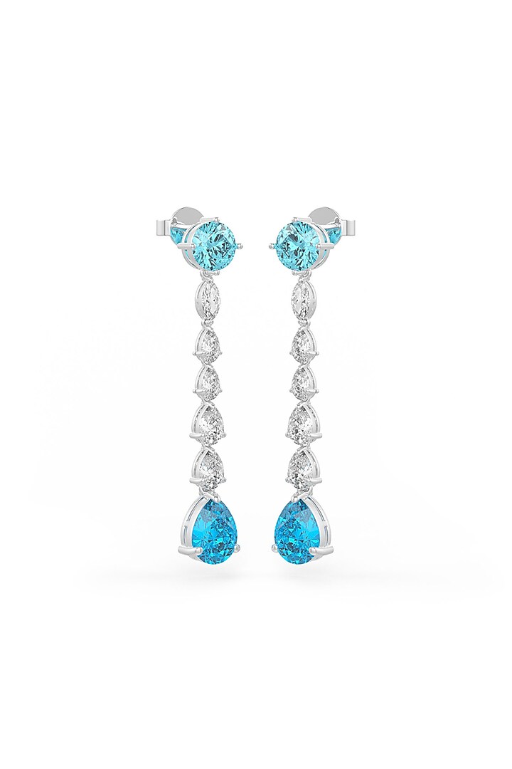 White Rhodium Finish Aqua & White Cubic Zirconia Crysta Dangler Earrings In Sterling Silver by MISS JO at Pernia's Pop Up Shop