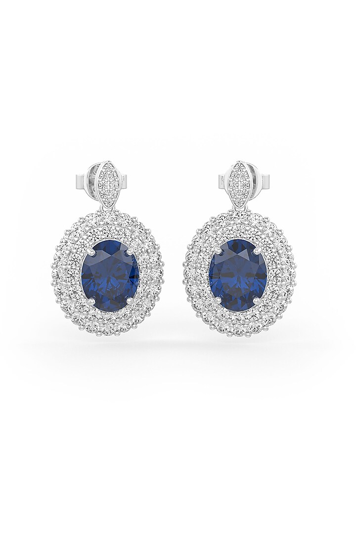 White Rhodium Finish Blue Sapphire Cubic Zirconia Crystal Dangler Earrings In Sterling Silver by MISS JO at Pernia's Pop Up Shop