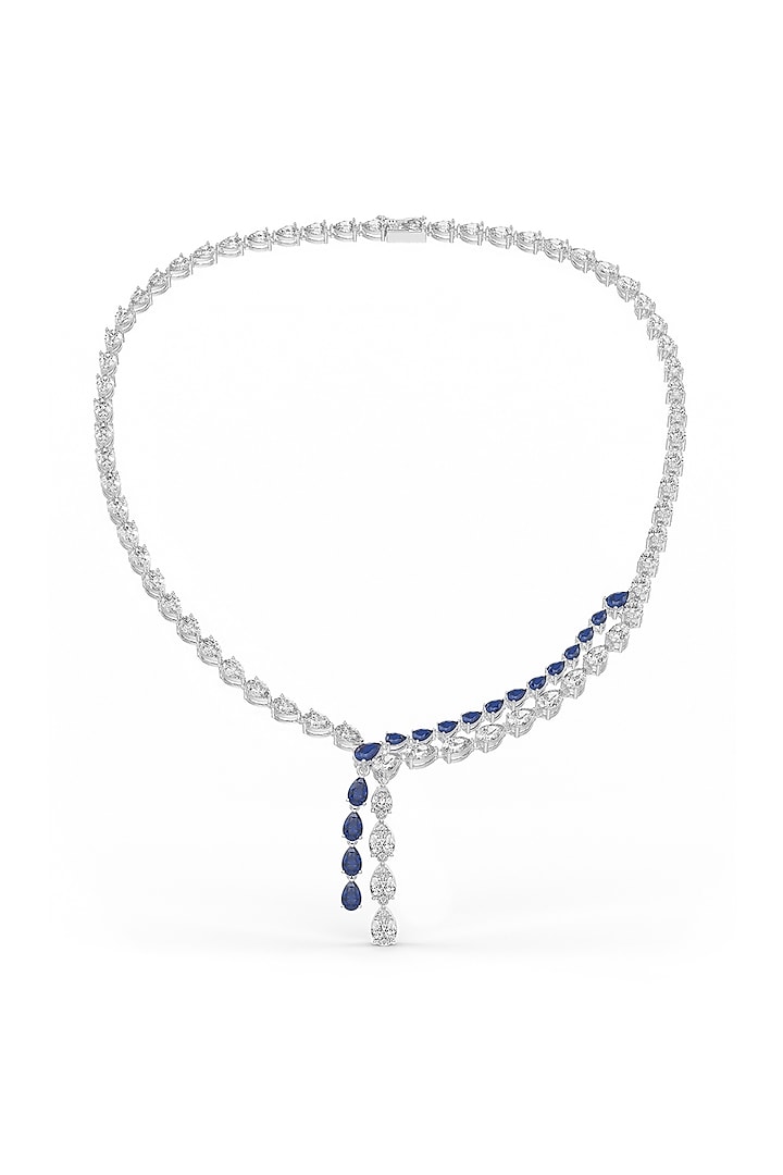 White Rhodium Finish Blue Cubic Zirconia Crystal Pendant Necklace In Sterling Silver by MISS JO at Pernia's Pop Up Shop