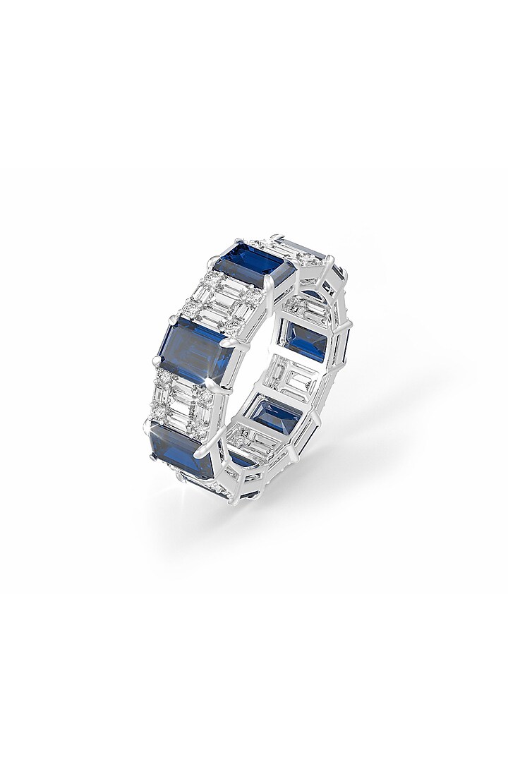 White Rhodium Finish Sapphire & White Cubic Zirconia Crystal Ring In Sterling Silver by MISS JO at Pernia's Pop Up Shop
