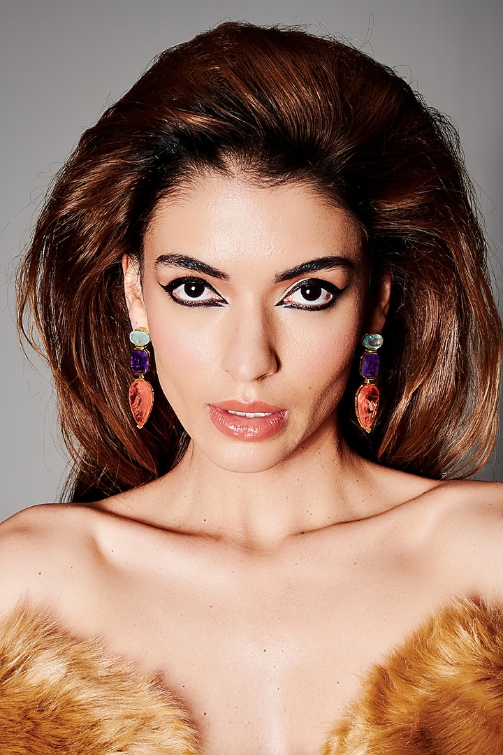 Gold Finish Multi-Colored Natural Stone Drop Dangler Earrings In Sterling Silver by MISS JO at Pernia's Pop Up Shop