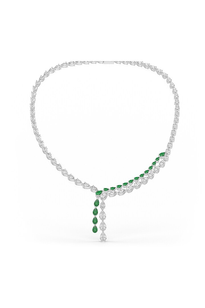White Rhodium Finish Green Cubic Zirconia Crystal Pendant Necklace In Sterling Silver by MISS JO at Pernia's Pop Up Shop