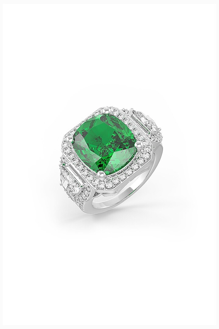 White Rhodium Finish Emerald Cubic Zirconia Halo Ring In Sterling Silver by MISS JO at Pernia's Pop Up Shop