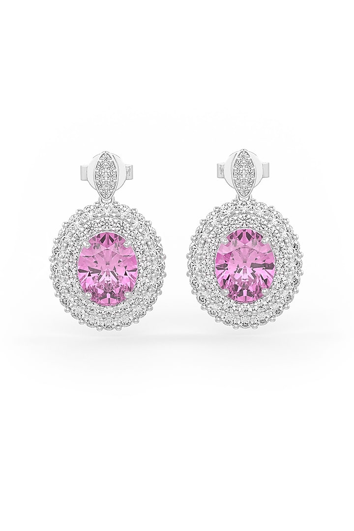 White Rhodium Finish Pink Cubic Zirconia Dangler Earrings In Sterling Silver by MISS JO at Pernia's Pop Up Shop