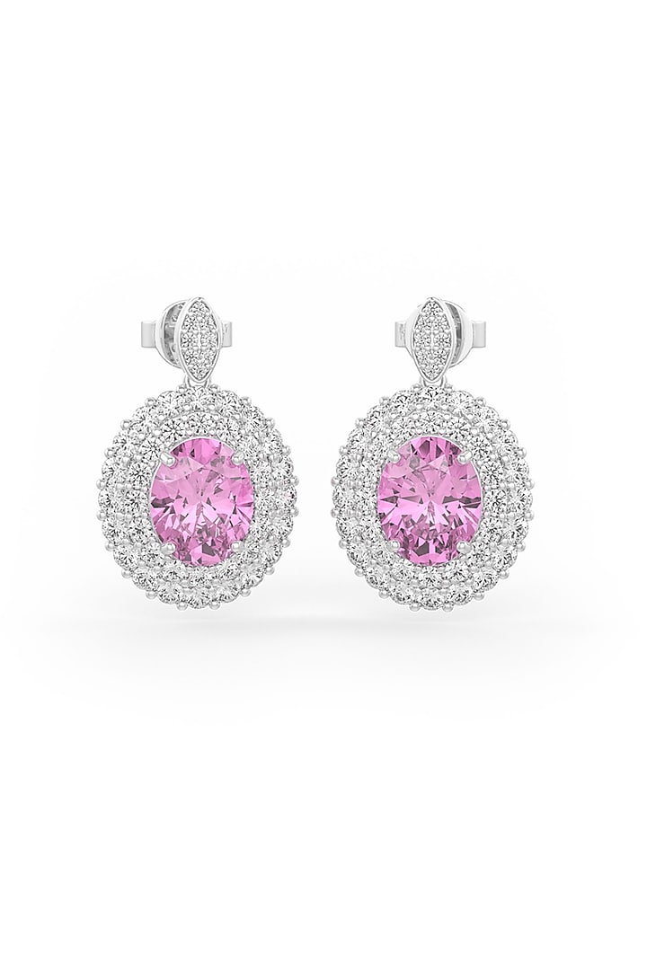 White Rhodium Finish Pink Cubic Zirconia Dangler Earrings In Sterling Silver by MISS JO at Pernia's Pop Up Shop