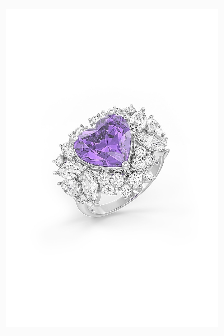 White Rhodium Finish Amethyst & White Cubic Zirconia Ring In Sterling Silver by MISS JO at Pernia's Pop Up Shop