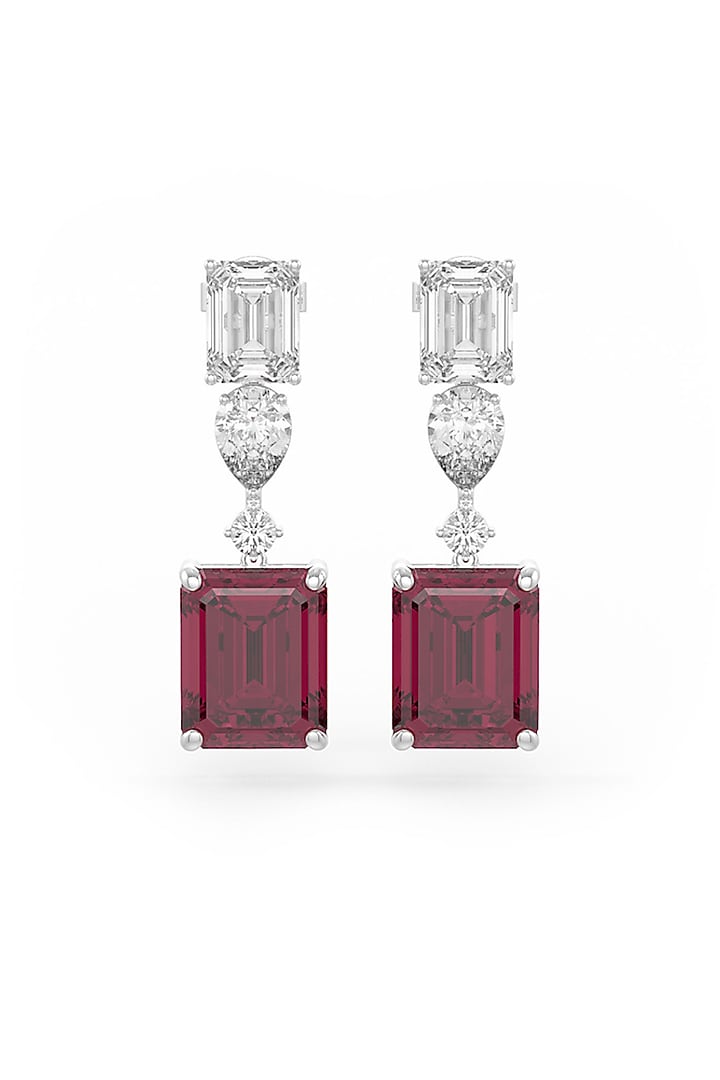 White Rhodium Finish Red & White Cubic Zirconia Teardrop Earrings In Sterling Silver by MISS JO at Pernia's Pop Up Shop