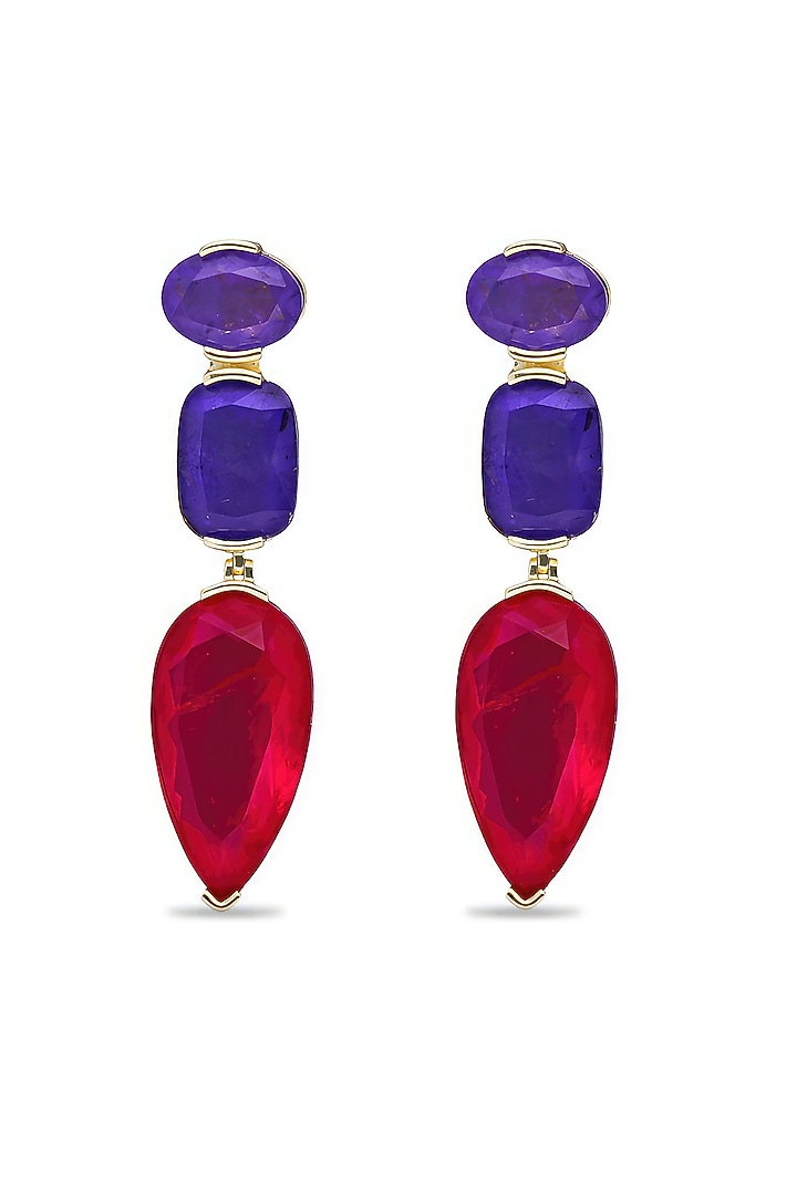 Gold Finish Violet Blue & Deep Pink Natural Stone Drop Dangler Earrings In Sterling Silver by MISS JO at Pernia's Pop Up Shop
