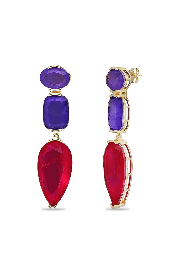 Gold Finish Violet Blue & Deep Pink Natural Stone Drop Dangler Earrings In Sterling Silver by MISS JO at Pernia's Pop Up Shop