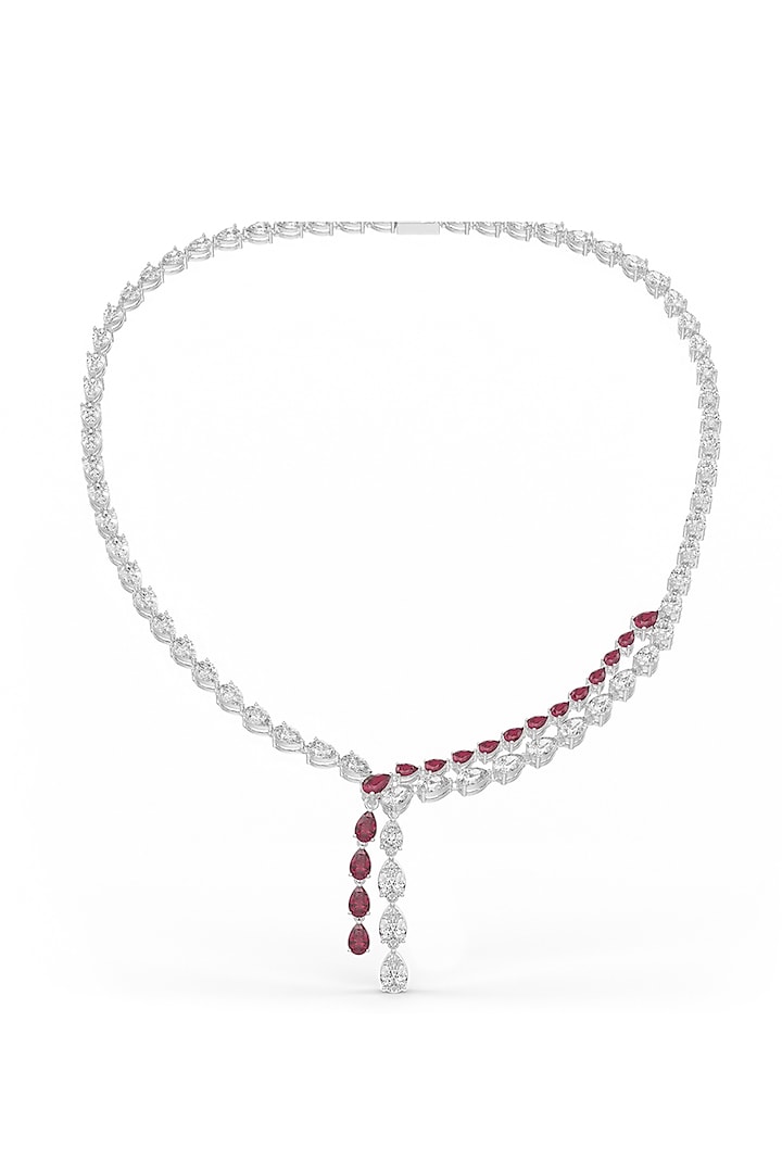 White Rhodium Finish Red Cubic Zirconia Pendant Necklace In Sterling Silver by MISS JO at Pernia's Pop Up Shop