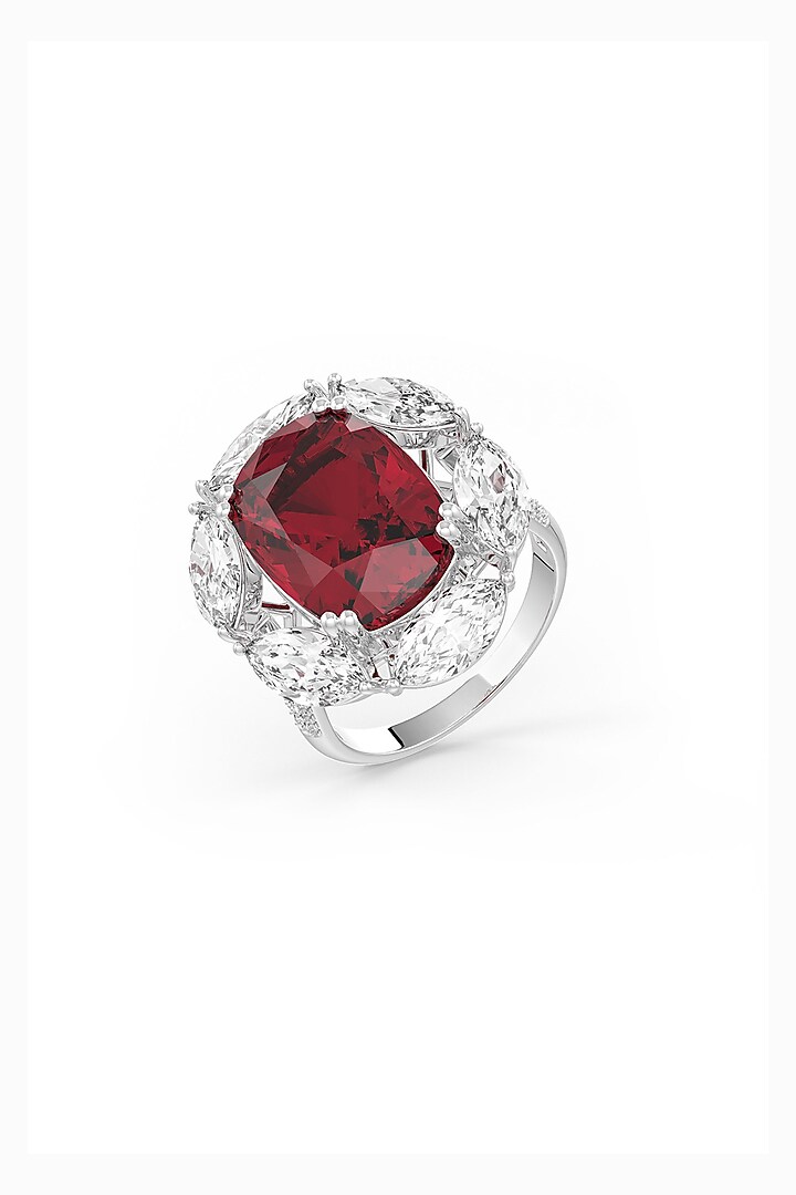 White Rhodium Finish Ruby & White Cubic Zirconia Ring In Sterling Silver by MISS JO at Pernia's Pop Up Shop