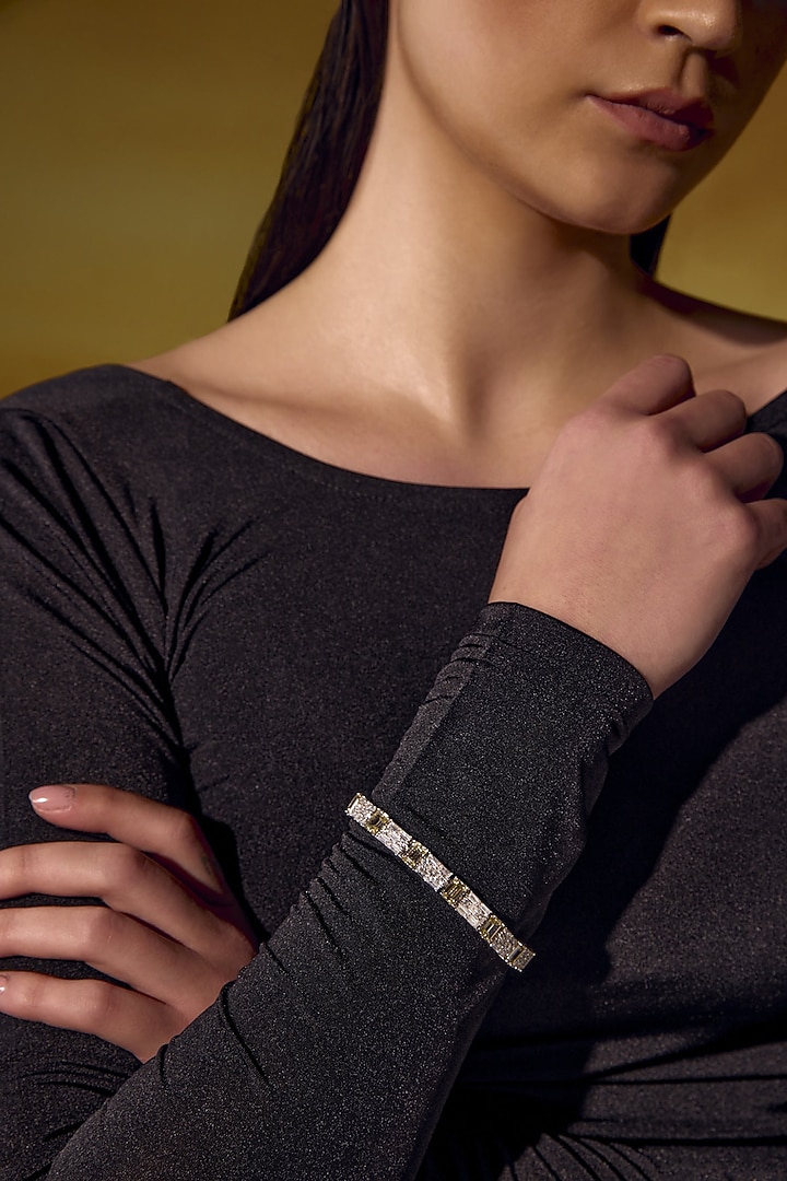 White Rhodium Finish Yellow & White Cubic Zirconia Crystal Tennis Bracelet In Sterling Silver by MISS JO at Pernia's Pop Up Shop