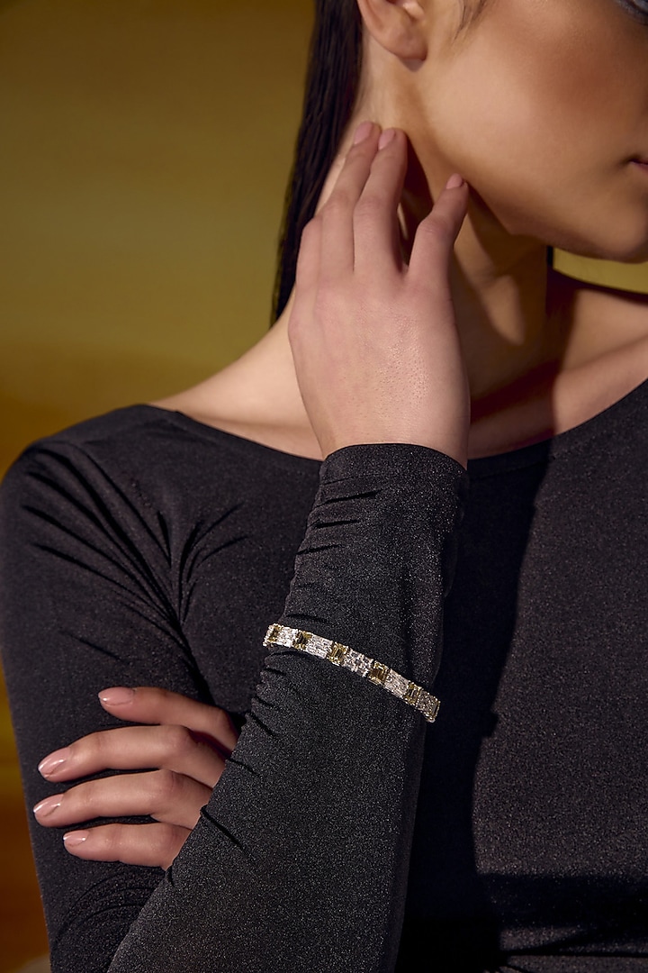 White Rhodium Finish Yellow & White Cubic Zirconia Crystal Tennis Bracelet In Sterling Silver by MISS JO at Pernia's Pop Up Shop