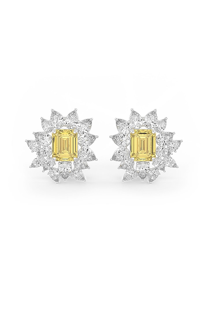 White Rhodium Finish Yellow Cubic Zirconia Crystal Floral Stud Earrings In Sterling Silver by MISS JO at Pernia's Pop Up Shop