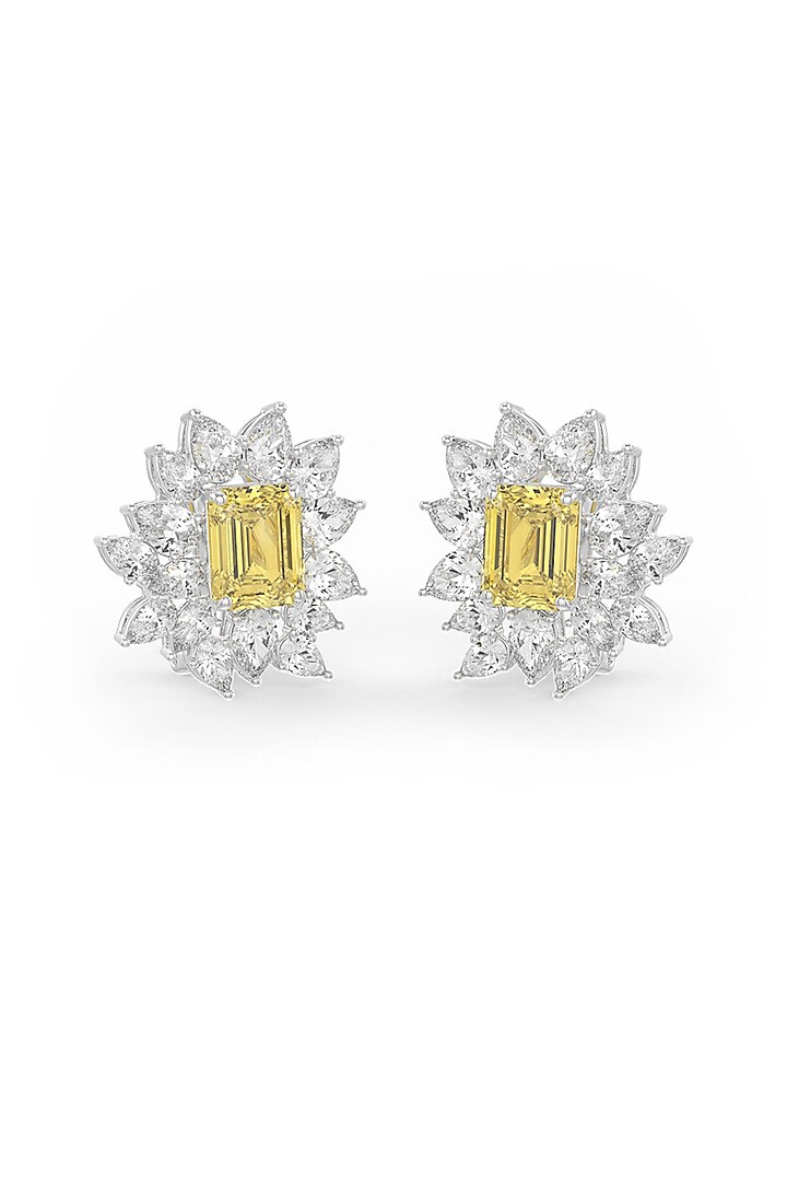 White Rhodium Finish Yellow Cubic Zirconia Crystal Floral Stud Earrings In Sterling Silver by MISS JO at Pernia's Pop Up Shop