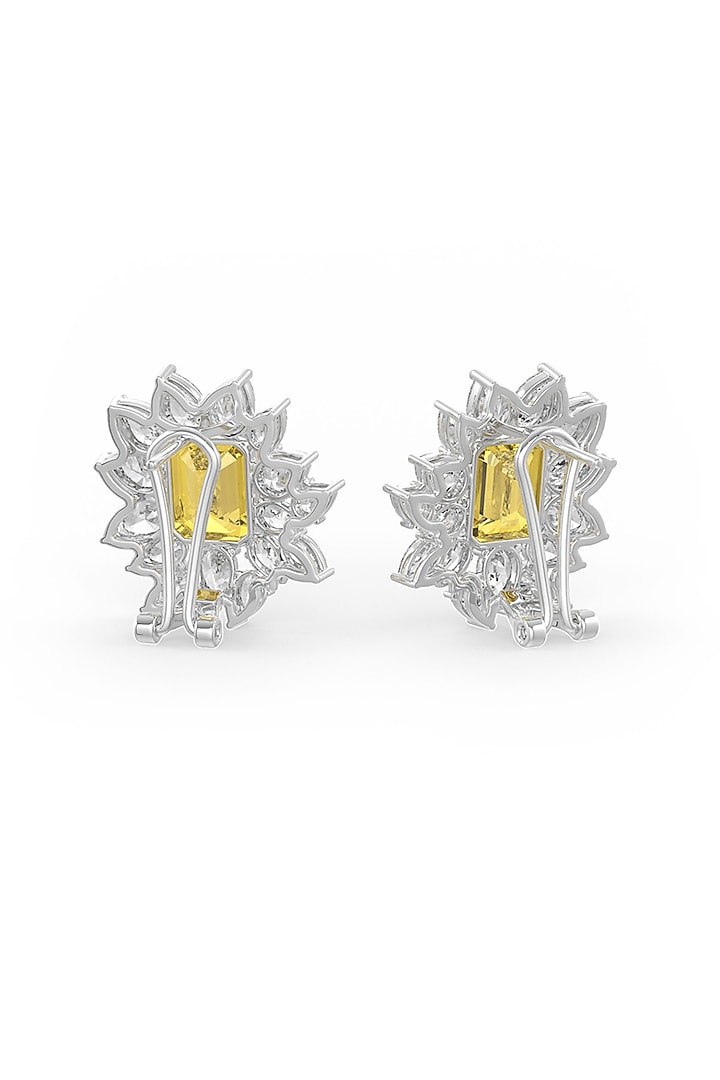 White Rhodium Finish Yellow Cubic Zirconia Crystal Floral Stud Earrings In Sterling Silver by MISS JO at Pernia's Pop Up Shop
