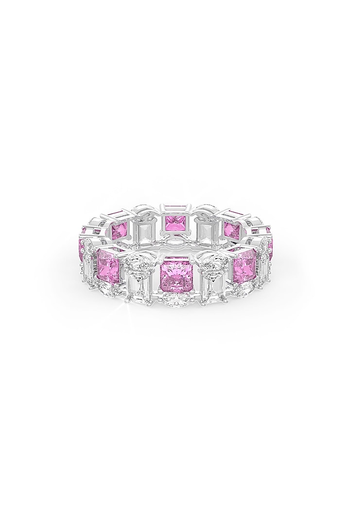 White Rhodium Finish Pink Cubic Zirconia Stone Ring In Sterling Silver by MISS JO at Pernia's Pop Up Shop