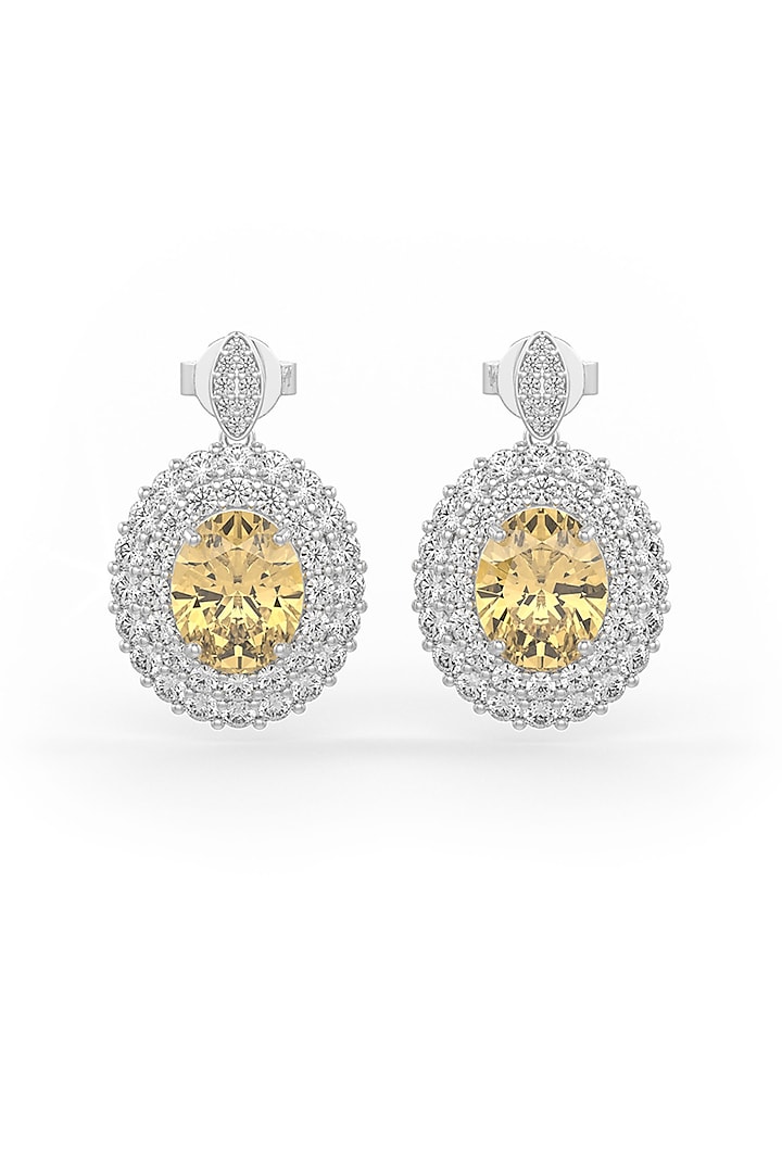 White Rhodium Finish Yellow Cubic Zirconia Dangler Earrings In Sterling Silver by MISS JO at Pernia's Pop Up Shop