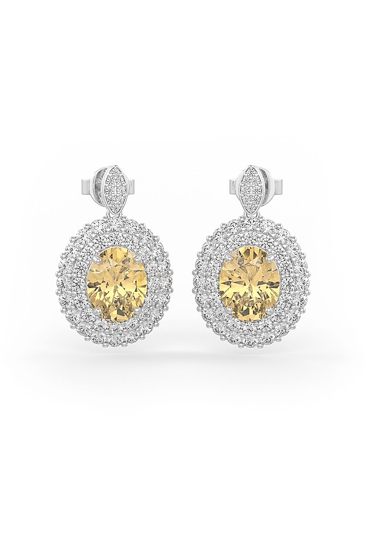 White Rhodium Finish Yellow Cubic Zirconia Dangler Earrings In Sterling Silver by MISS JO at Pernia's Pop Up Shop