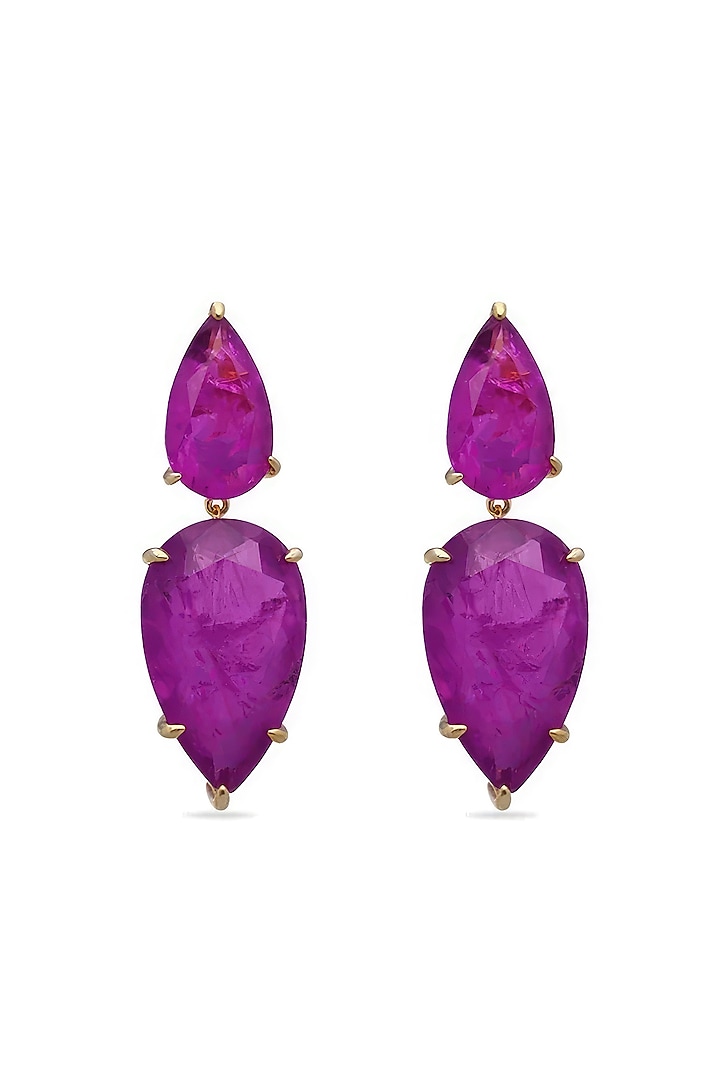 Gold Finish Dark Magenta Natural Stone Dangler Earrings In Sterling Silver by MISS JO at Pernia's Pop Up Shop