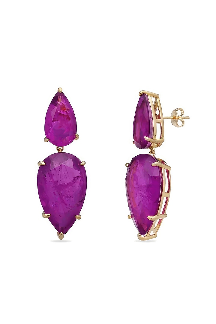 Gold Finish Dark Magenta Natural Stone Dangler Earrings In Sterling Silver by MISS JO at Pernia's Pop Up Shop