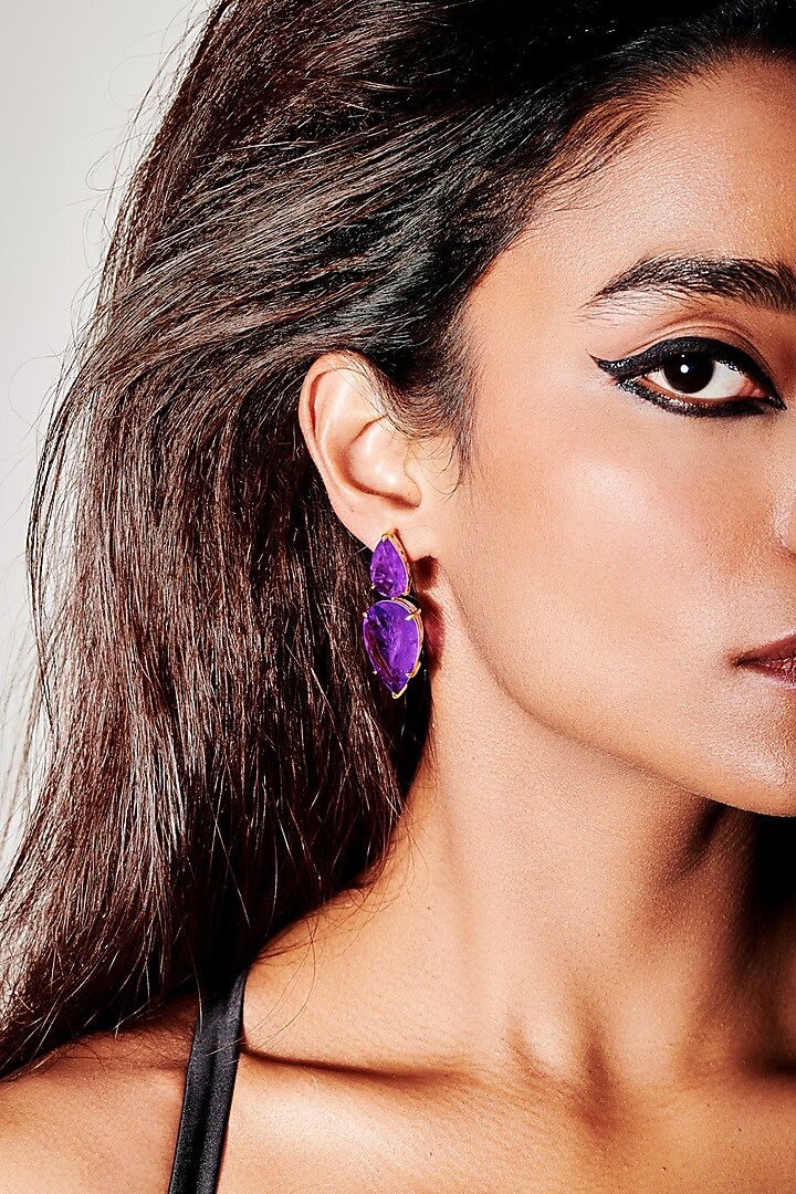 Gold Finish Dark Magenta Natural Stone Dangler Earrings In Sterling Silver by MISS JO at Pernia's Pop Up Shop