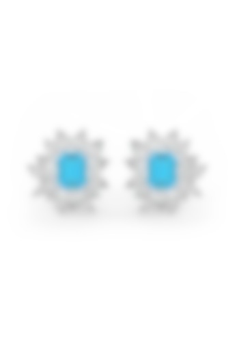 White Rhodium Finish Aqua Cubic Zirconia Crystal Stud Earrings In Sterling Silver by MISS JO at Pernia's Pop Up Shop