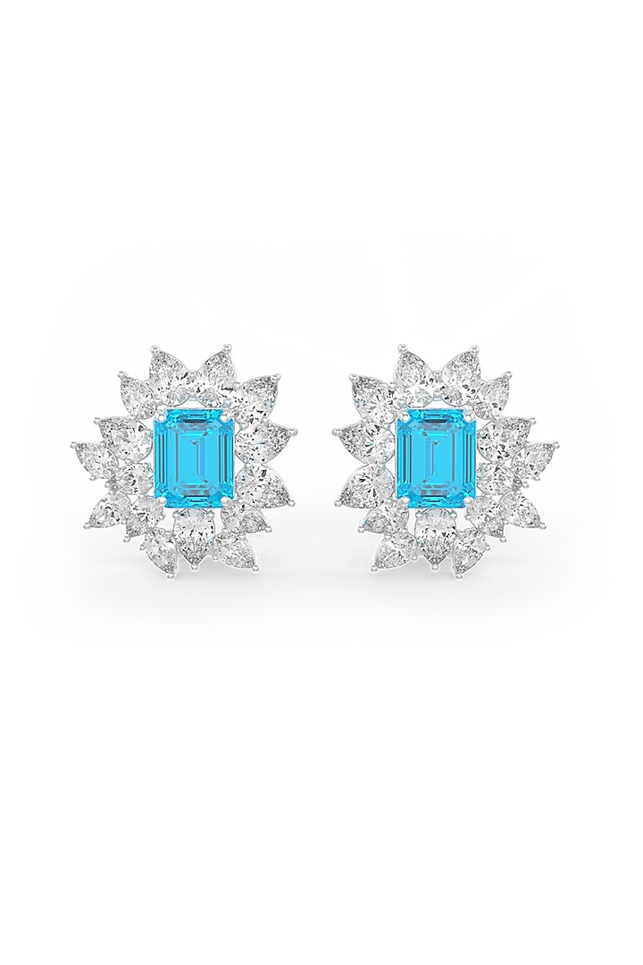 White Rhodium Finish Aqua Cubic Zirconia Crystal Stud Earrings In Sterling Silver by MISS JO at Pernia's Pop Up Shop